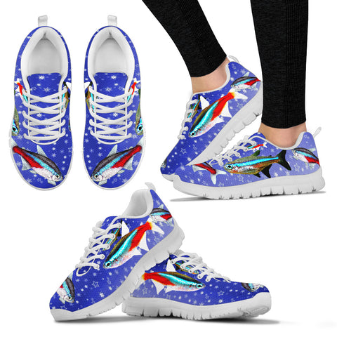Neon Tetra Fish On Blue Print Christmas Running Shoes For Women