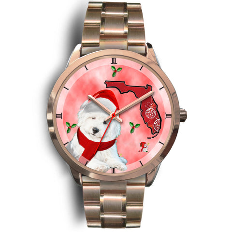 Old English Sheepdog On Christmas Florida Golden Wrist Watch