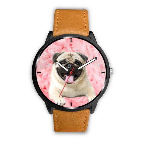 Cute Pug Dog On Pink Print Wrist Watch