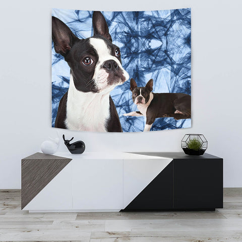 Boston Terrier On Blue Print Tapestry