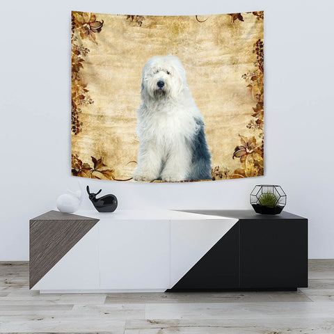 Old English Sheepdog On Yellow Print Tapestry
