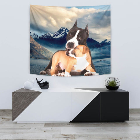 Pit Bull Terrier With Puppy Print Tapestry