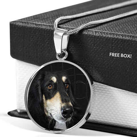Black Saluki Dog Print Circle Pendant Luxury Necklace