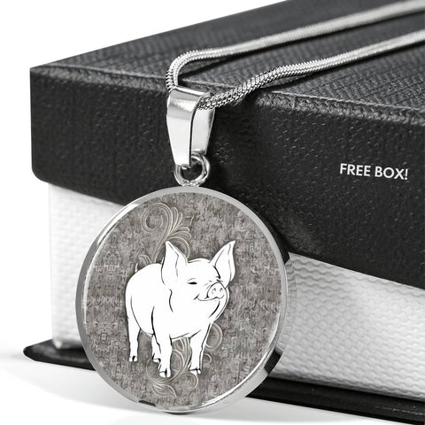 Cute Middle White Pig Print Circle Pendant Luxury Necklace