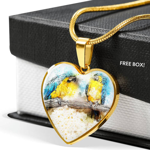 Blue And Yellow Macaw Parrot Art Print Heart Charm Necklaces