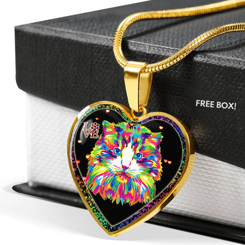 Colorful Cat Print Heart Charm Necklaces