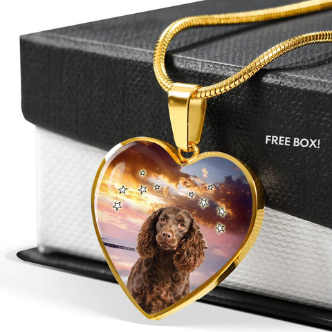 American Water Spaniel Print Heart Pendant Luxury Necklace