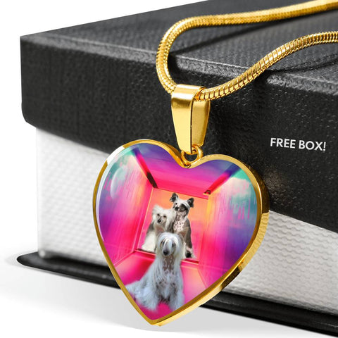 Chinese Crested Dog Print Heart Pendant Luxury Necklace