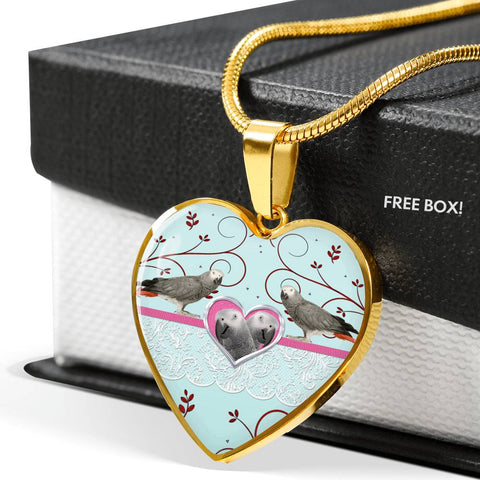 Cute African Grey Parrot Print Heart Pendant Luxury Necklace