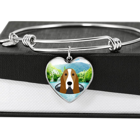 Basset Hound Dog Vector Print Heart Pendant Bangle
