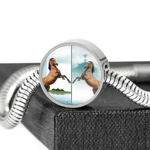 Lusitano Horse Print Circle Charm Steel Bracelet