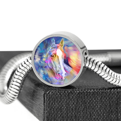Friesian Horse Print Circle Charm Steel Bracelet