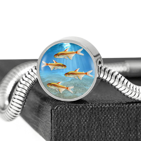 Glowlight Tetra Fish Print Circle Charm Steel Bracelet