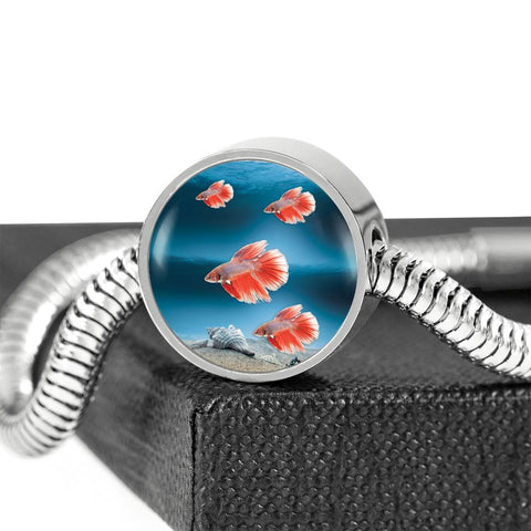 Siamese Fighting Fish Print Circle Charm Steel Bracelet