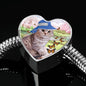 Scottish Fold Cat Print Heart Charm Steel Bracelet