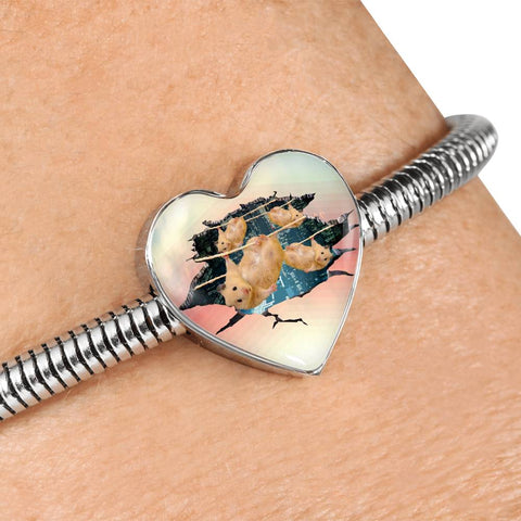 Golden Hamster Hanging Print Heart Charm Steel Bracelet