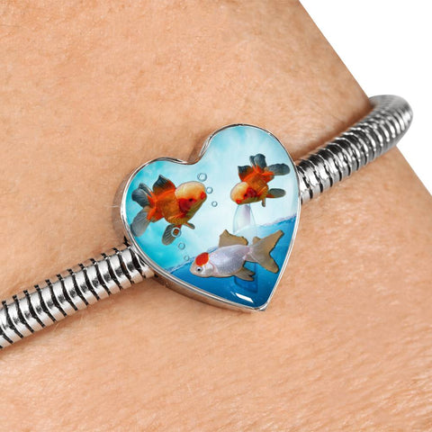 Oranda Fish Print Heart Charm Steel Bracelet