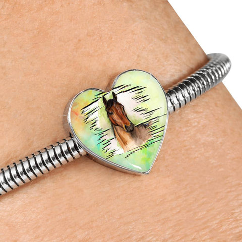 Thoroughbred Horse Art Print Heart Charm Steel Bracelet