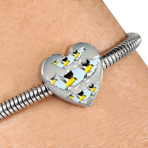 American Goldfinch Bird Print Heart Charm Steel Bracelet