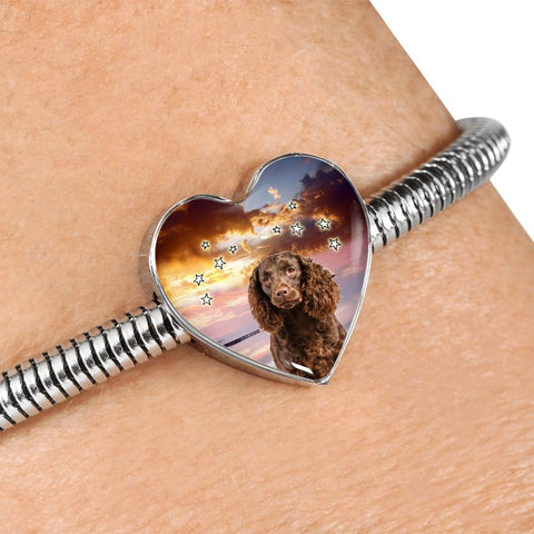 American Water Spaniel Print Heart Charm Steel Bracelet
