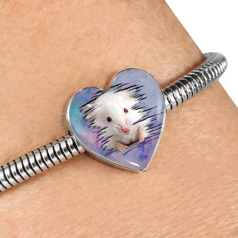 Cute White Hamster Print Heart Charm Steel Bracelet