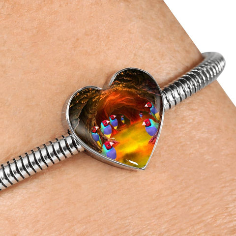 Gouldian Finch (Rainbow Finch) Print Heart Charm Steel Bracelet