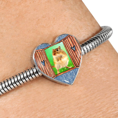 Golden Hamster Art Print Heart Charm Steel Bracelet