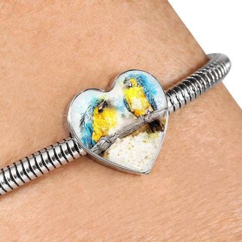Blue And Yellow Macaw Parrot Art Print Heart Charm Steel Bracelet