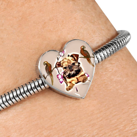 Brussels Griffon Dog Print Heart Charm Steel Bracelet