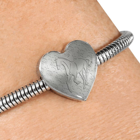 Thoroughbred Horse Print Heart Charm Steel Bracelet