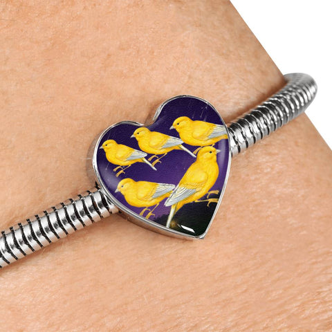 Domestic Canary Bird Print Heart Charm Steel Bracelet
