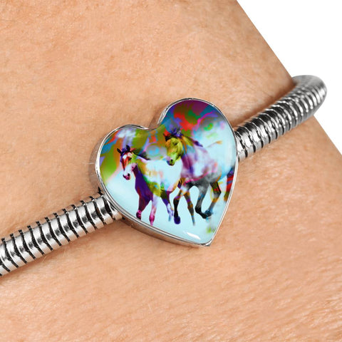 American Quarter Horse Print Heart Charm Steel Bracelet
