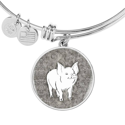Cute Middle White Pig Print Circle Pendant Luxury Bangle