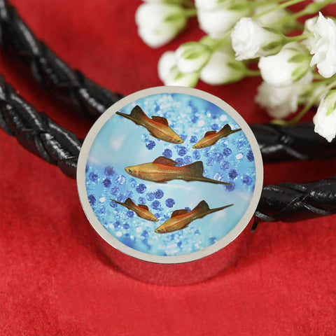 Green Swordtail Fish Print Circle Charm Leather Bracelet