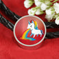 Unicorn Rainbow Print Circle Charm Leather Bracelet