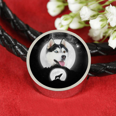 Siberian Husky Dog Print Circle Charm Leather Bracelet