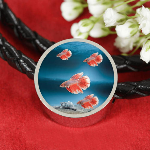 Siamese Fighting Fish Print Circle Charm Leather Bracelet