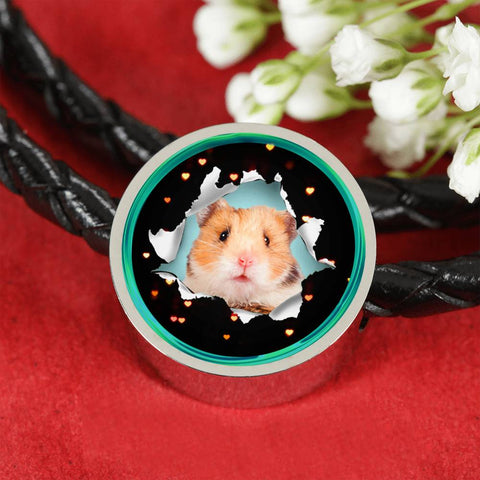 Syrian Hamster Print Circle Charm Leather Woven Bracelet