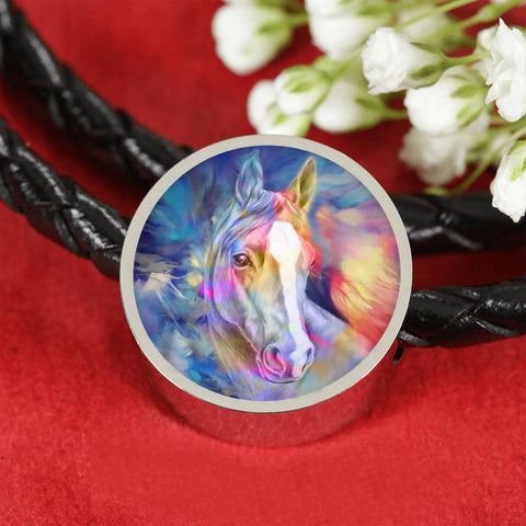 Friesian Horse Print Circle Charm Leather Bracelet