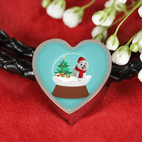 Maltese Dog Print Heart Charm Christmas Special Leather Bracelet