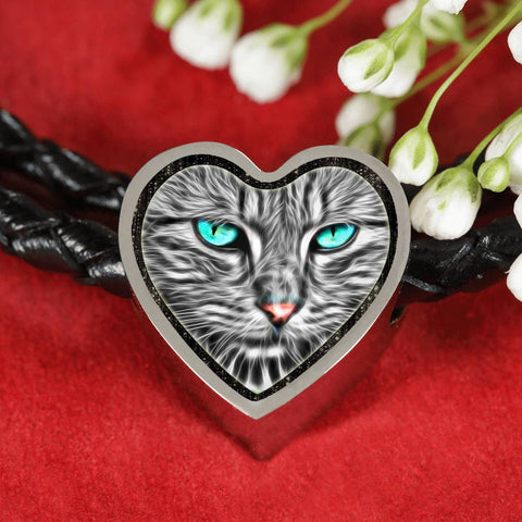 Blue Eyes Cat Print Heart Charm Leather Woven Bracelet