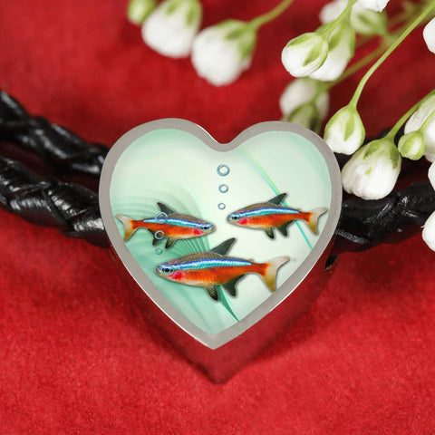 Neon Tetra Fish Print Heart Charm Leather Woven Bracelet
