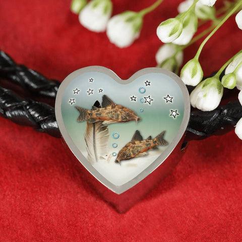 Corydoras Paleatus Fish Print Heart Charm Leather Woven Bracelet