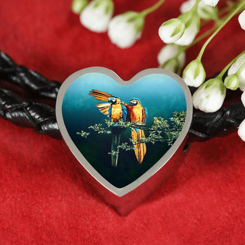 Lovely Parrot Print Heart Charm Leather Woven Bracelet