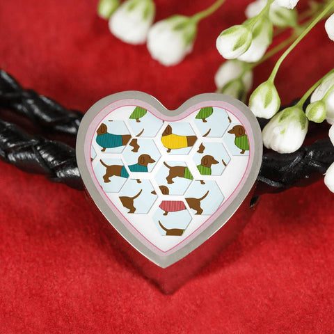 Dachshund Dog Art Print Heart Charm Leather Woven Bracelet