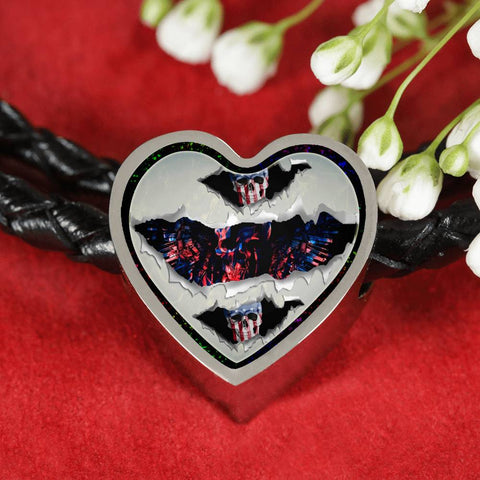 American Flag Skull Print Heart Charm Leather Woven Bracelet