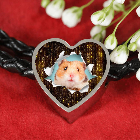 Syrian Hamster Print Heart Charm Leather Woven Bracelet