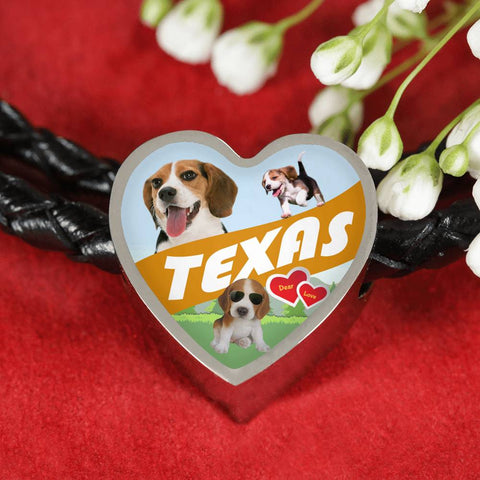 Cute Beagle Dog Print Texas Heart Charm Leather Bracelet