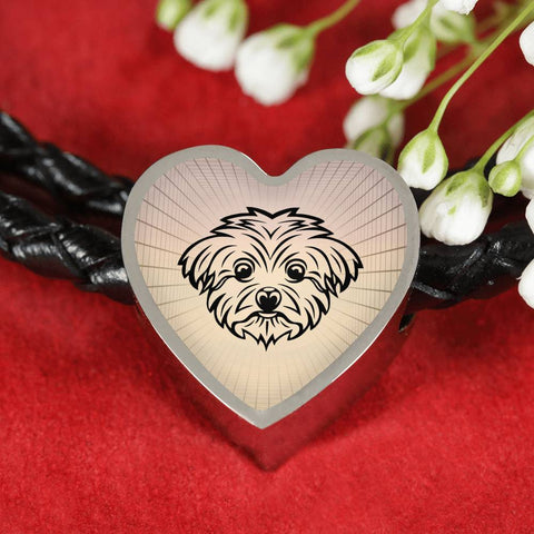 Maltese Dog Vector Art Print Heart Charm Leather Woven Bracelet