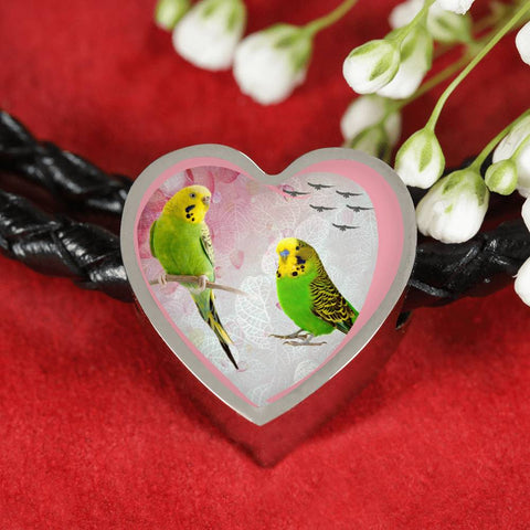 Budgerigar Parrot Print Heart Charm Leather Woven Bracelet